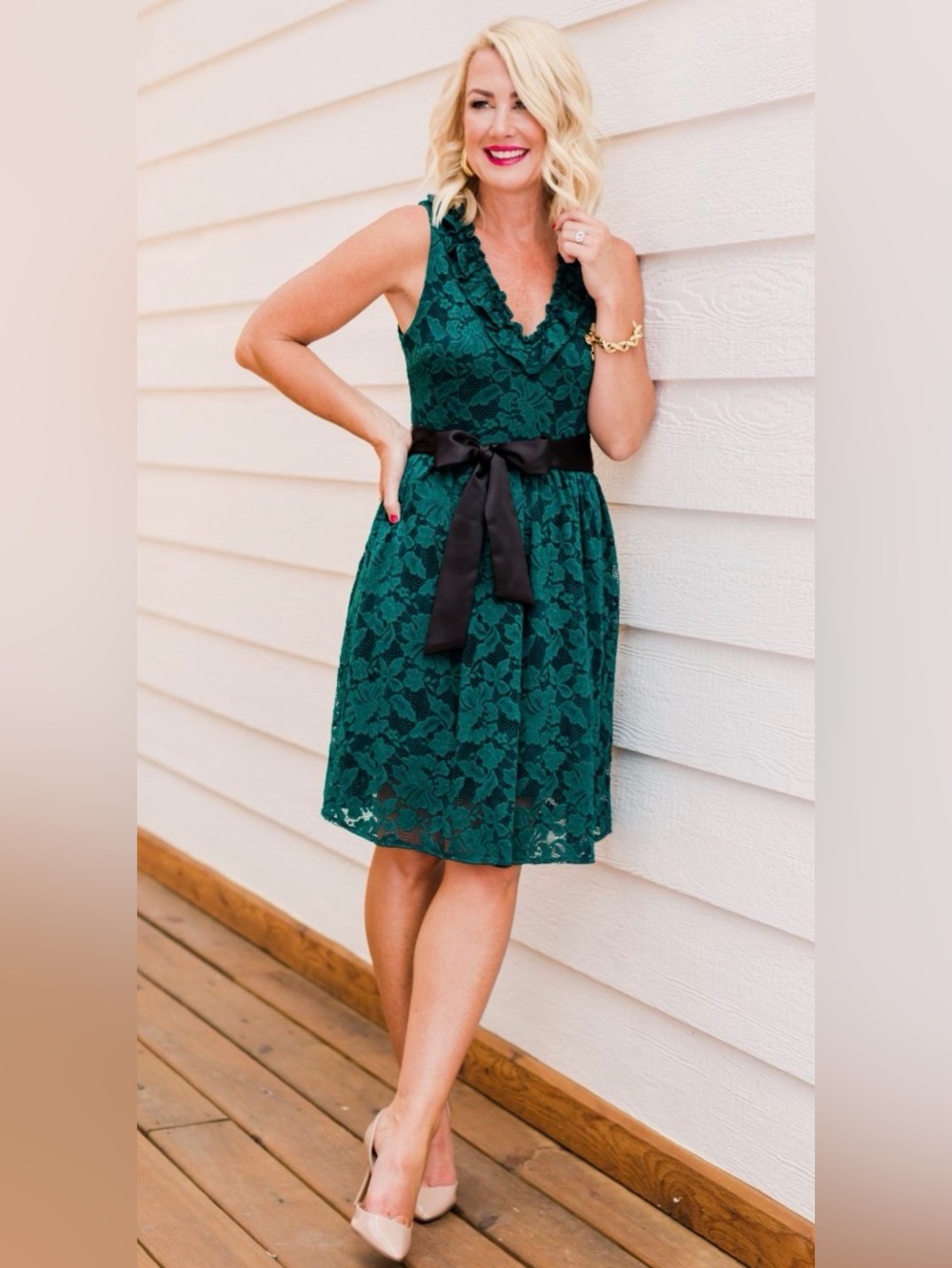 Gibson look Emerald Green Lace Dress with Black Satin Waist Tie